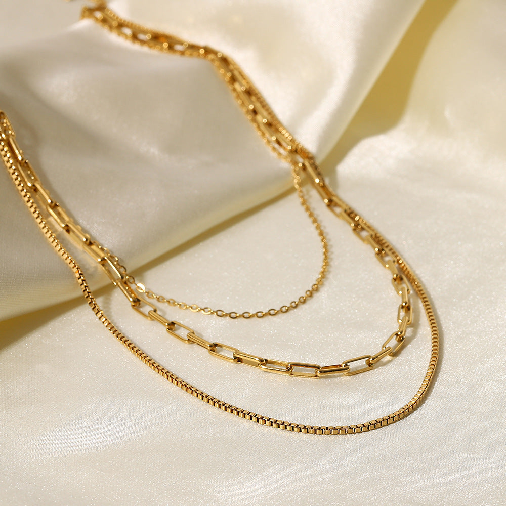 Vintage18K Gold-Plated Paperclip Box Chain Stainless Steel Chain Necklace Ring Three-Layer Necklace Jewelry