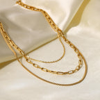 Vintage18K Gold-Plated Paperclip Box Chain Stainless Steel Chain Necklace Ring Three-Layer Necklace Jewelry