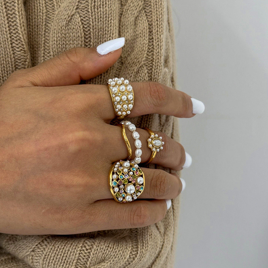 2H Stainless Steel Pearl Exaggerated Ring Ring rings Non-Fading Jewelry