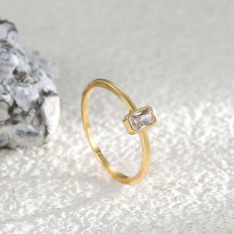 R0250 French Fashion Simple Square Zircon Ring for Women Fresh Versatile Design Ring