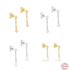 S925Sterling Silver Tassel Inlaid Diamond Pearl Stud Earrings Korean Minimalist Earrings Ear Thread