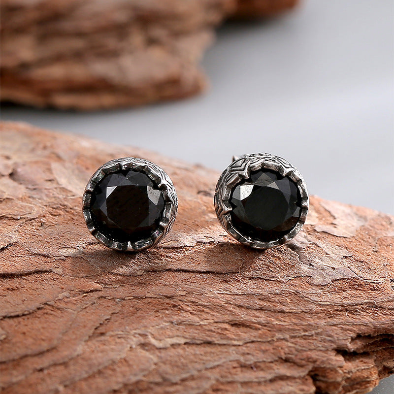 E0724 Black Zircon Stud Earrings For Women Minimalist Antique Silver