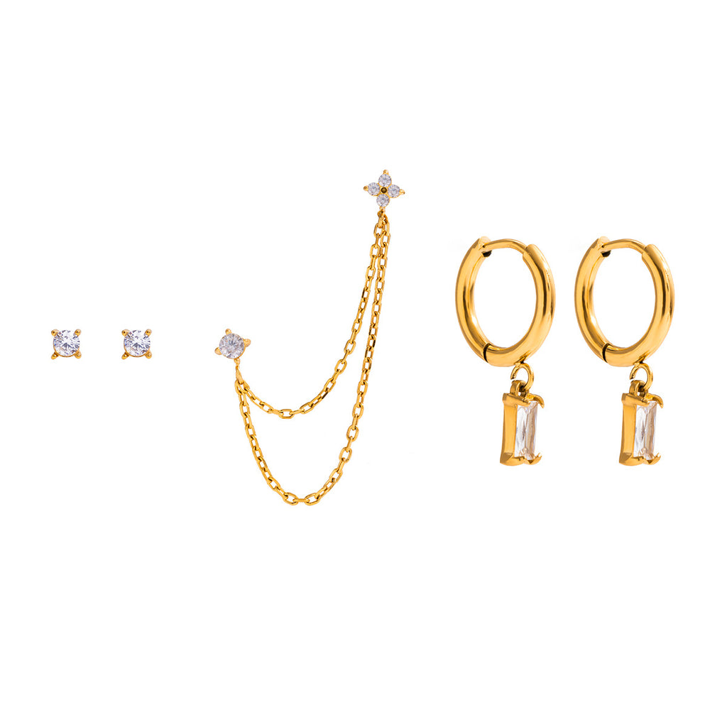 2H Zircon Earrings Studs Multiple Pairs One Card Stainless Steel Ear Jewelry Non-Fading