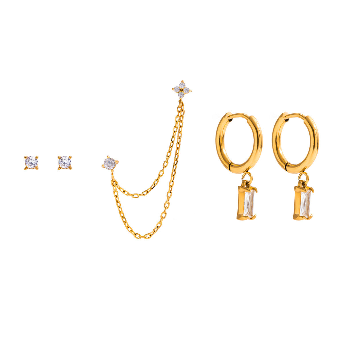 2H Zircon Earrings Studs Multiple Pairs One Card Stainless Steel Ear Jewelry Non-Fading