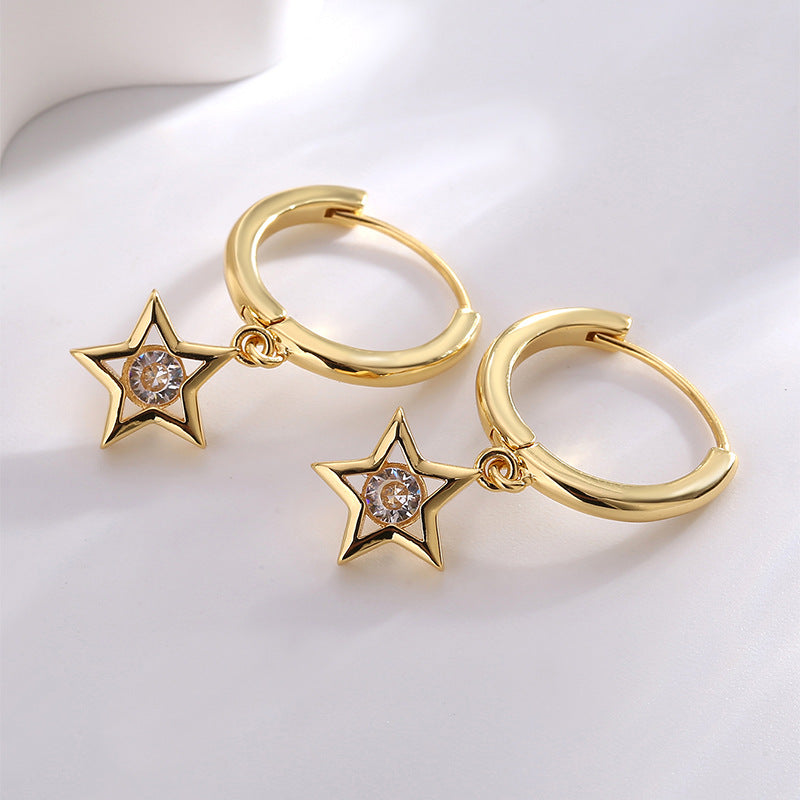 E0668 Fashion Simple Star-Shaped Pentagram Earrings for Women Copper Gold-Plated Zircon Star Earrings
