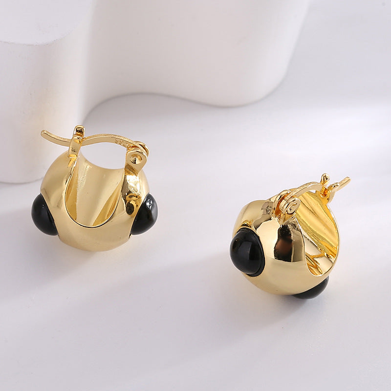 E0625 casual fashion Earrings Female Brass Gold Plated Black Agate Sphere Ear Buckle
