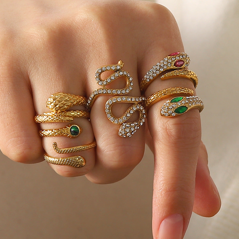 2H High-Quality Vintage Style Open Ring with Diamond Snake Shape for Women, Versatile Ring