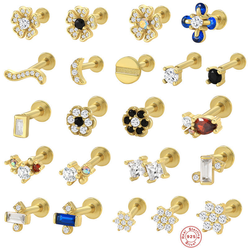 S925Sterling Silver Creative Geometric Flower Flat Head Threaded Piercing Earrings Hot Selling Ear Bone Studs