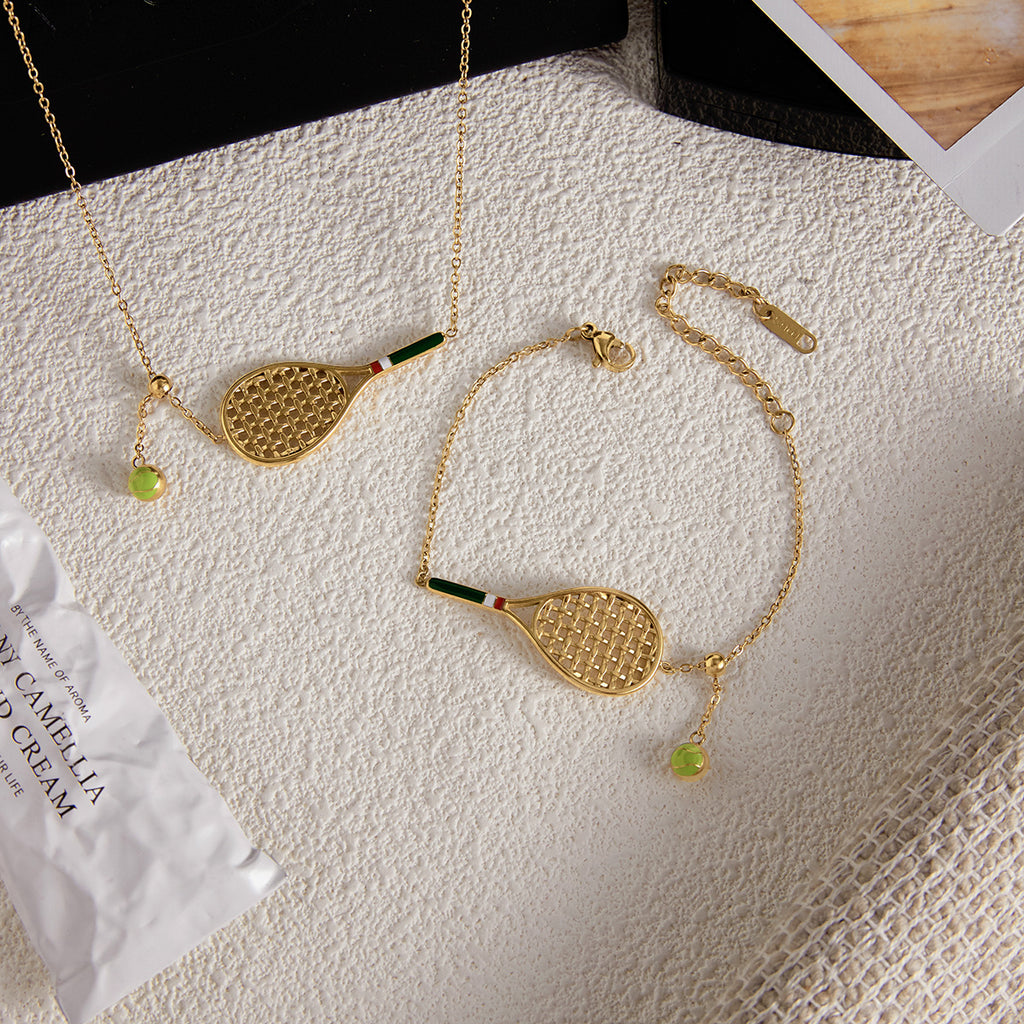 2H Colorful Oil Drop Tennis Racket Pendant Necklace Bracelet Stainless Steel Jewelry for Women