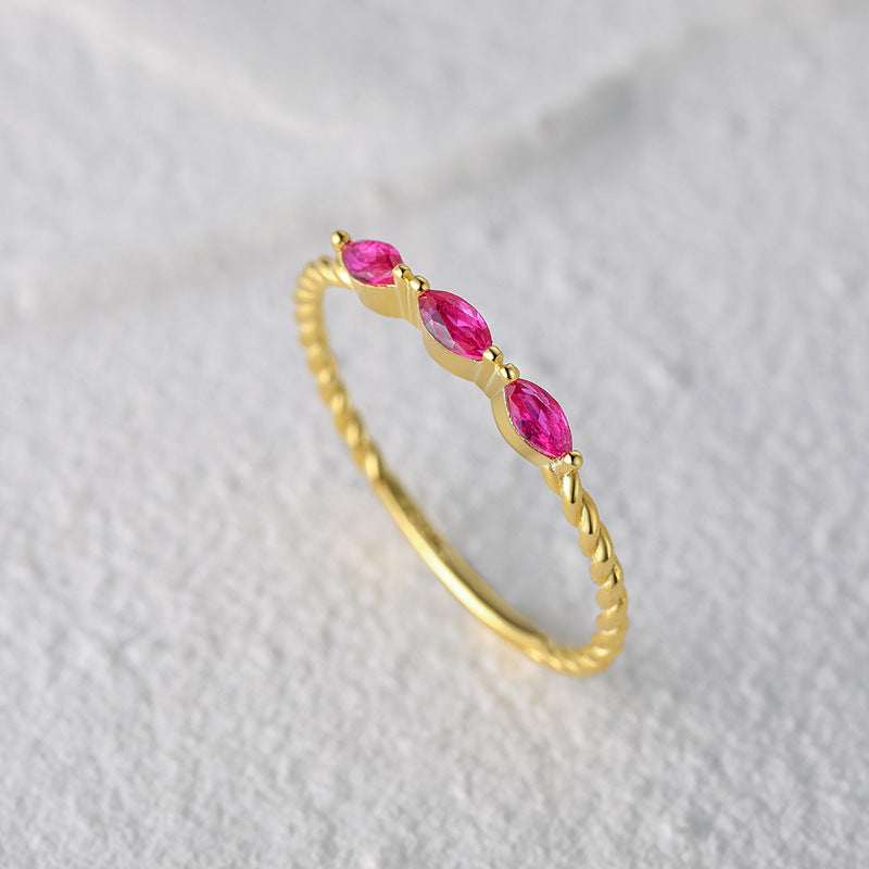 S925Sterling Silver Pink Marquise Twist Pattern Ring with Diamond Inlay, Step Shape Ring, Korean Style Index Finger Ring