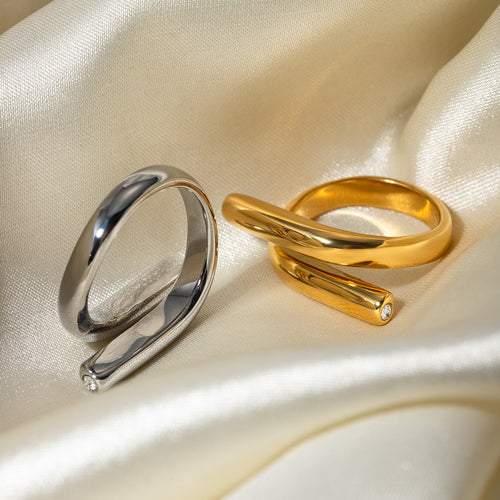 18K Gold-Tone Cubic Zirconia Minimalist Open Stainless Steel Ring with cubic zirconia design details