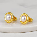 E0662 Simple Fashion Round Cute Earrings for Women Copper Gold Plated Minimalist Style Inlaid Pearl Earrings