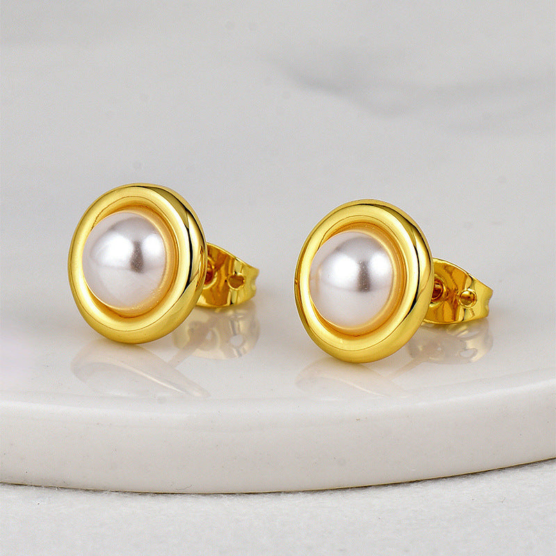 E0662 Simple Fashion Round Cute Earrings for Women Copper Gold Plated Minimalist Style Inlaid Pearl Earrings