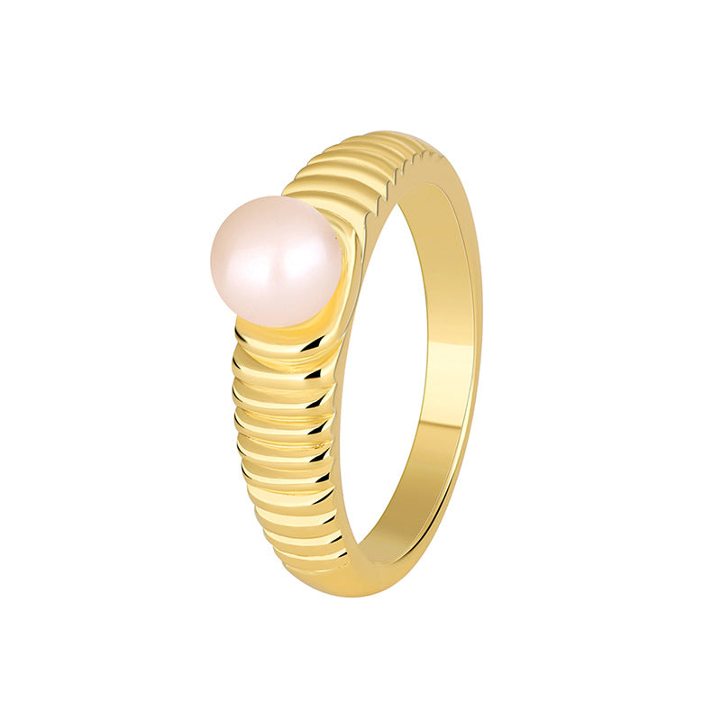 R0311 Simple Retro Striped Ring for Women, Brass Gold-Plated Elegant Inlaid Pearl Ring