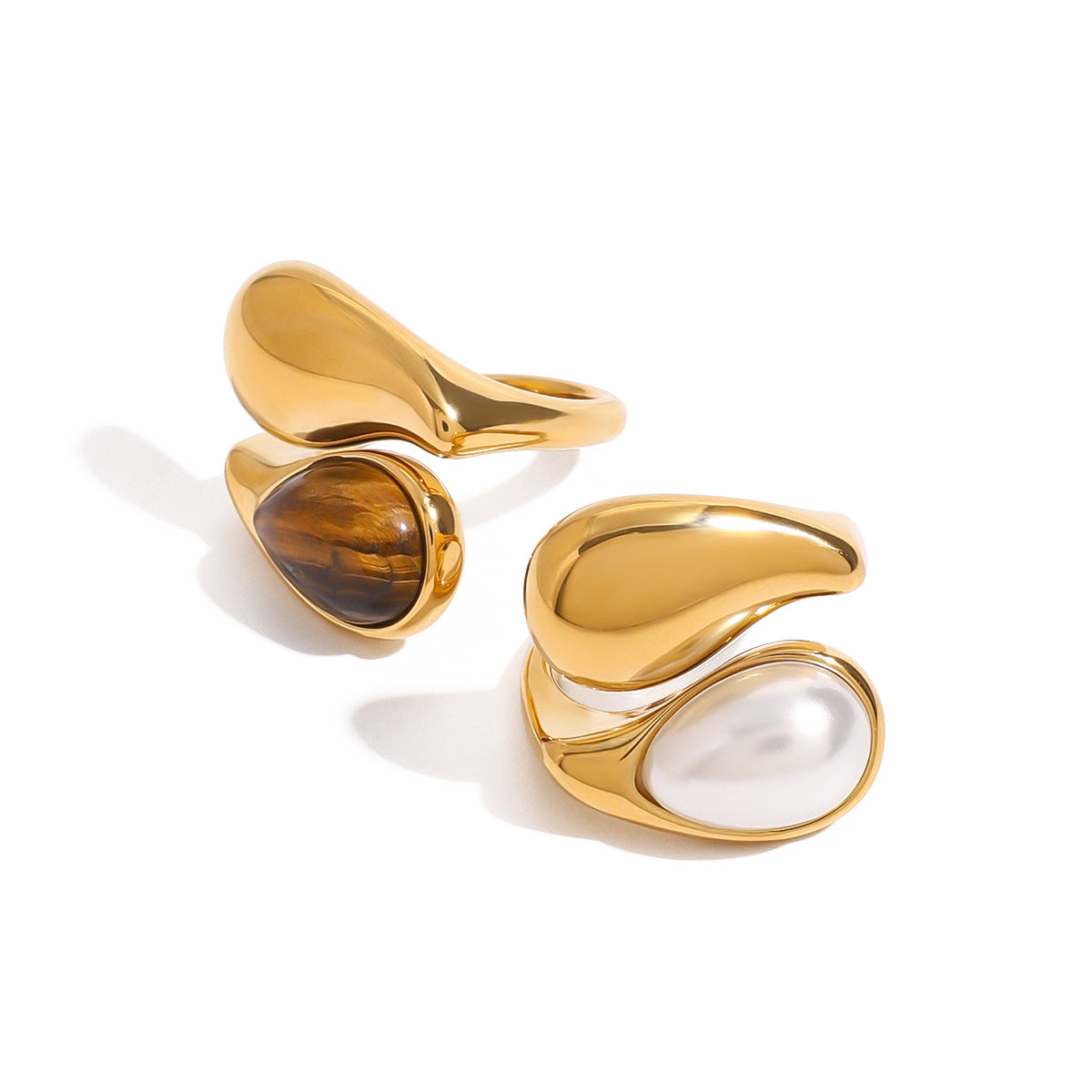 Stainless Steel Water Drop Pearl Ring Tiger Eye Stone ring