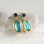 E0365 New Chinese Style Simple Oval Glass Stud Earrings Copper Plated Real Gold Inlaid Blue Zircon Earrings Vintage