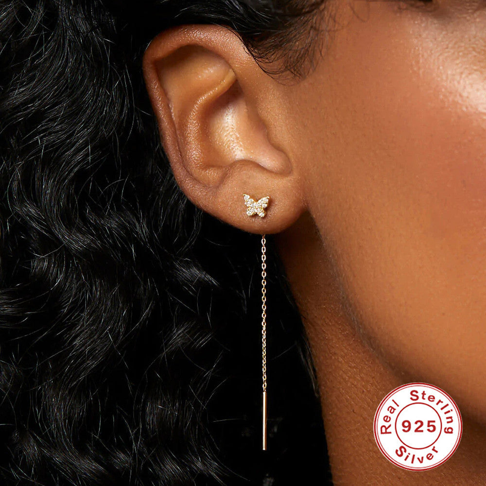 S925Sterling Silver Butterfly Inlaid Diamond Chain Tassel Earrings Stud Earrings Korean Style Fairy Outfit Earrings