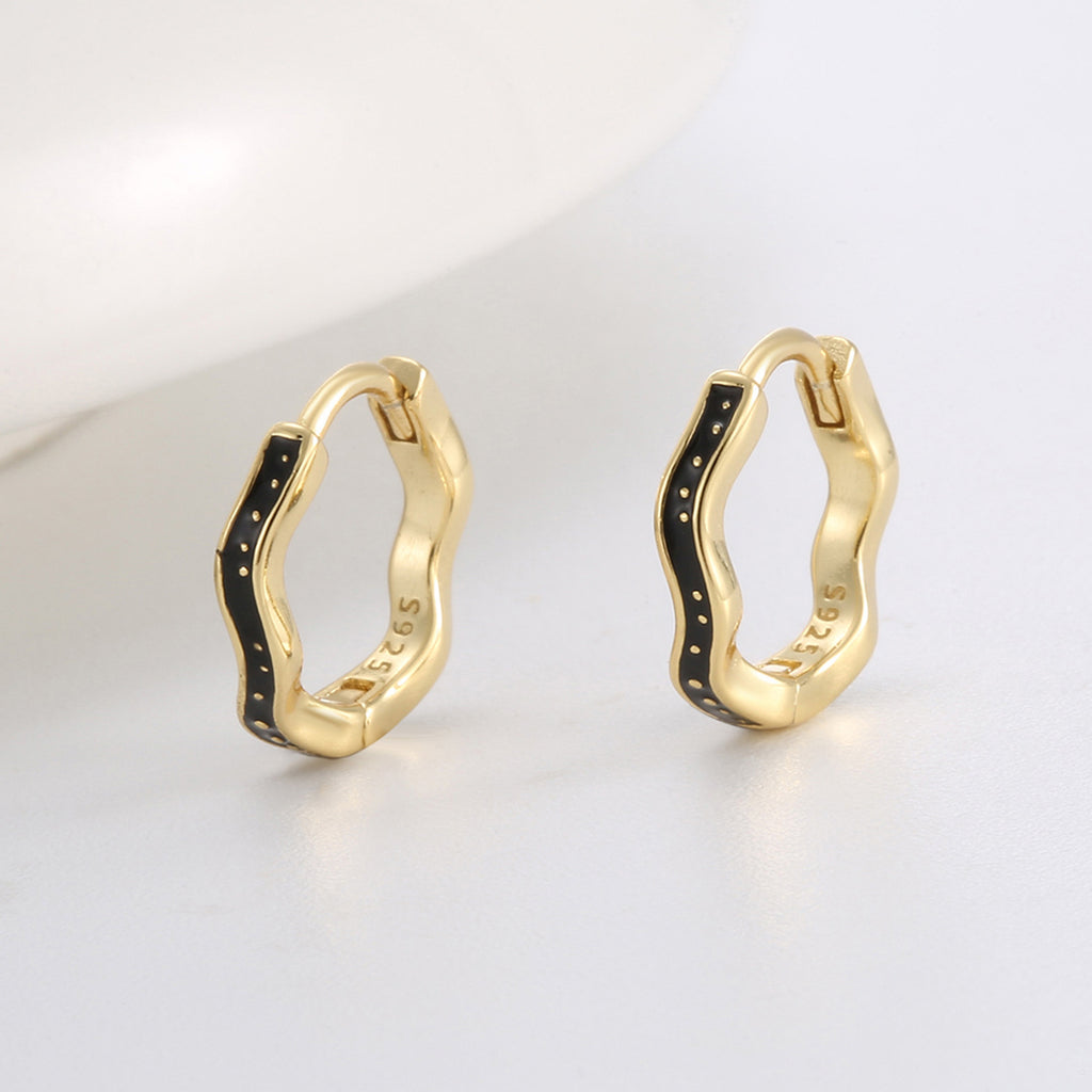 SE0125 S925Silver Design Wave Pattern Black Epoxy Earrings for Women Plated14K Golden Ear Jewelry