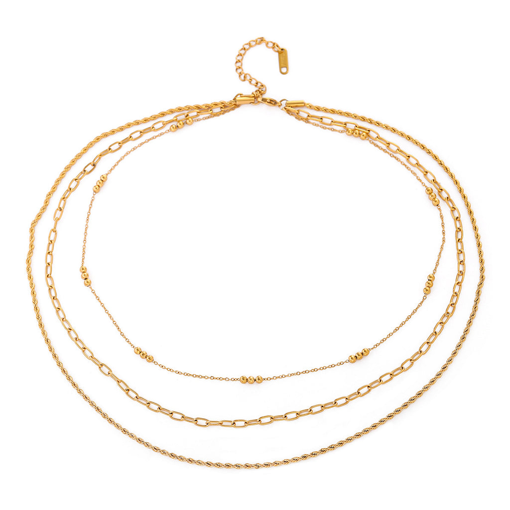 18K Gold Stainless Steel Triple Beaded Loop Chain Braided Chain Three-Layer Necklace Same Style Beach Jewelry