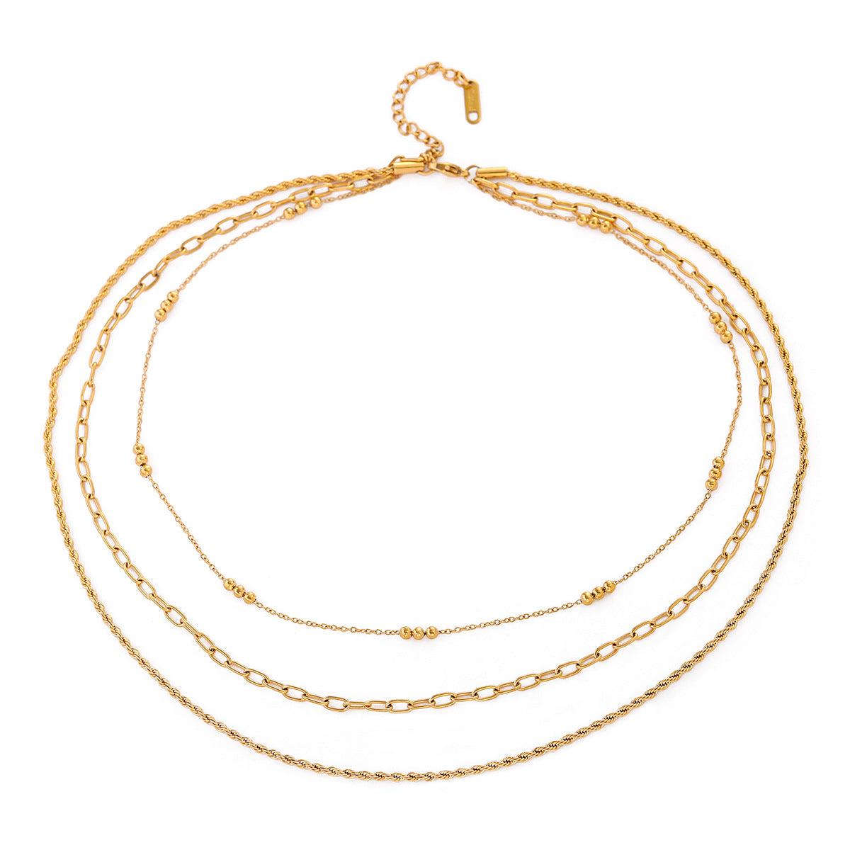 18K Gold Stainless Steel Triple Beaded Loop Chain Braided Chain Three-Layer Necklace Same Style Beach Jewelry