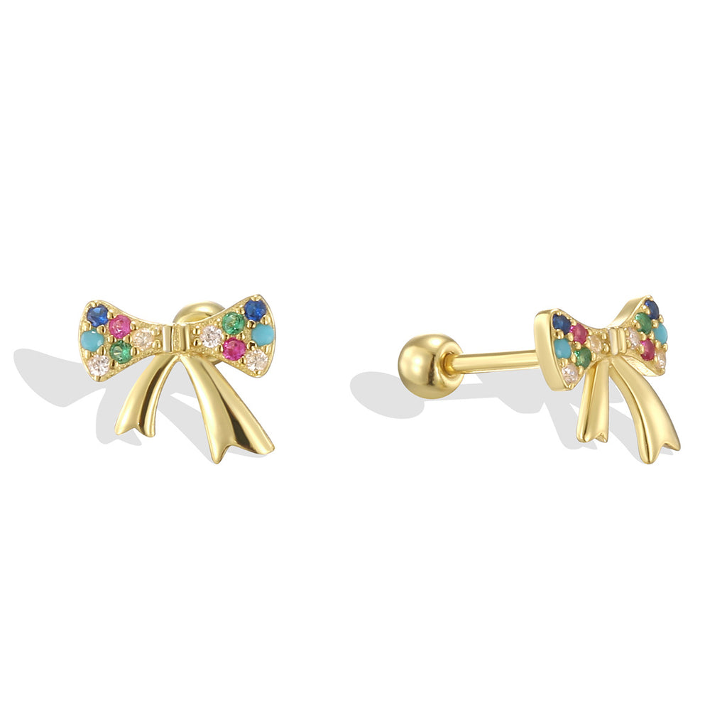 SE0325 S925Silver Colorful Zircon Bowknot Earrings Forest Style Small Sweet Stud Earrings