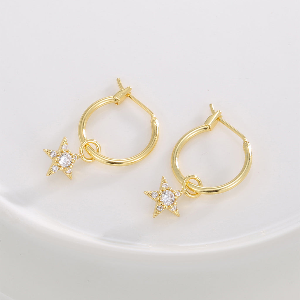 E0803 Dongdaemun Fashion Gold-Plated Earrings for Women Five-Pointed Star Inlaid with Zirconia Jewelry Design Sense Earrings