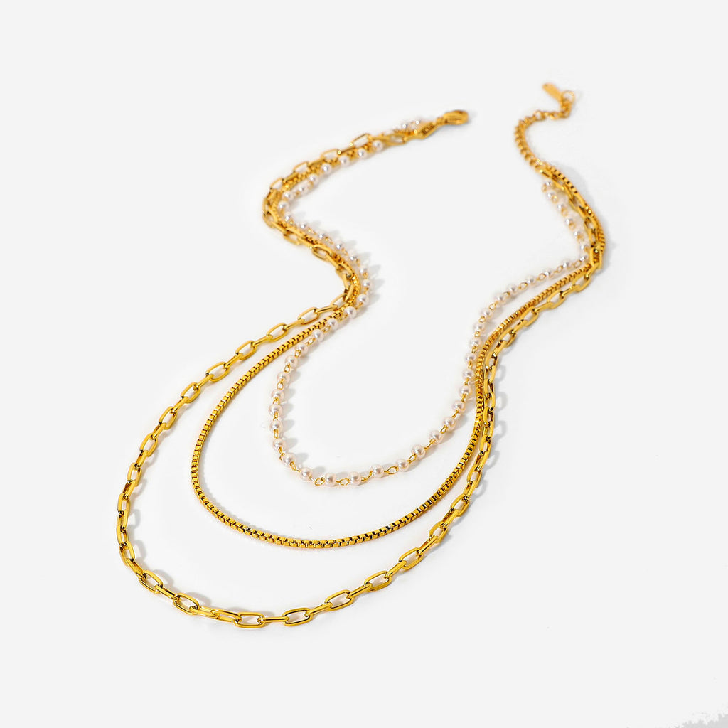 2H  Same Style Necklace Individually Packaged18K Gold Stainless Steel Small Pearl Lock Chain Three-Layer Women's Chain