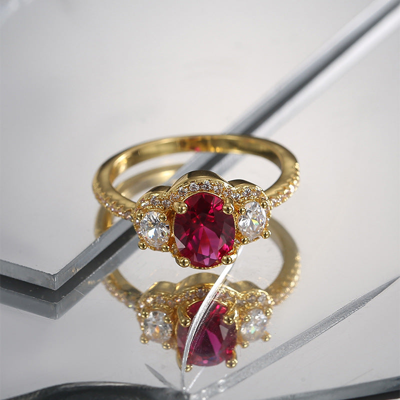 R0520 Fashionable Elegant Oval Red Zircon Ring for Women Vintage Micro Pave White Zircon