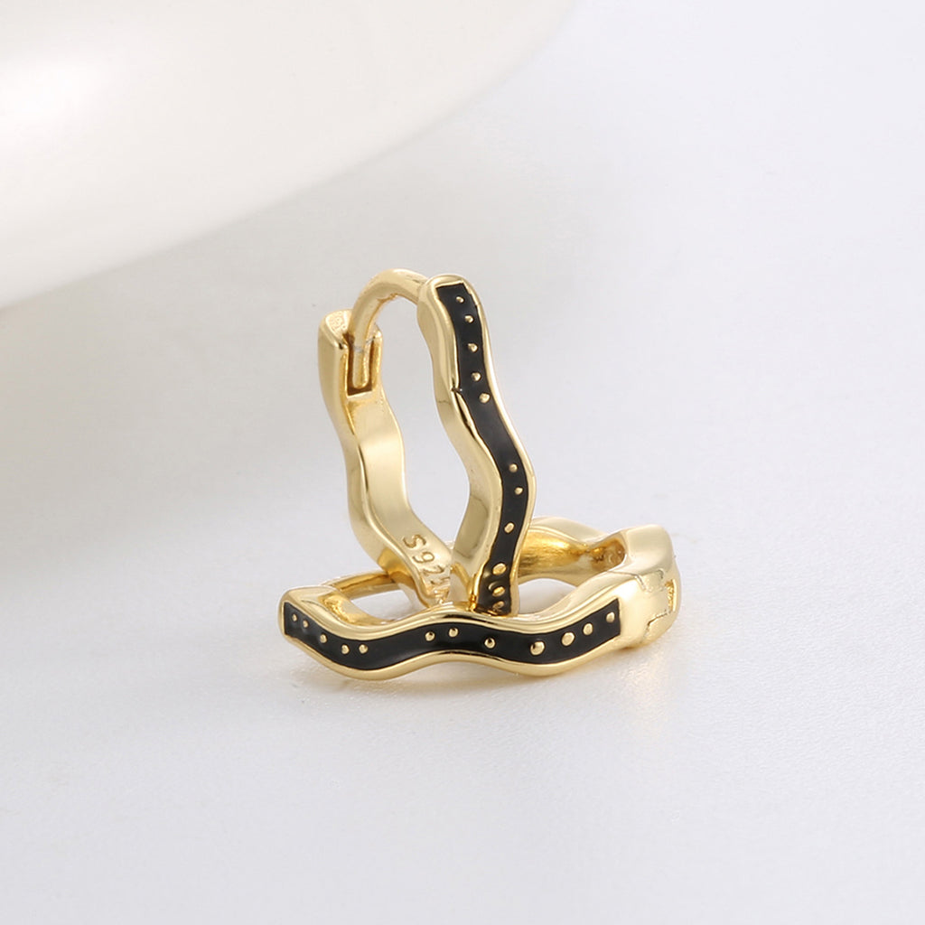 SE0125 S925Silver Design Wave Pattern Black Epoxy Earrings for Women Plated14K Golden Ear Jewelry