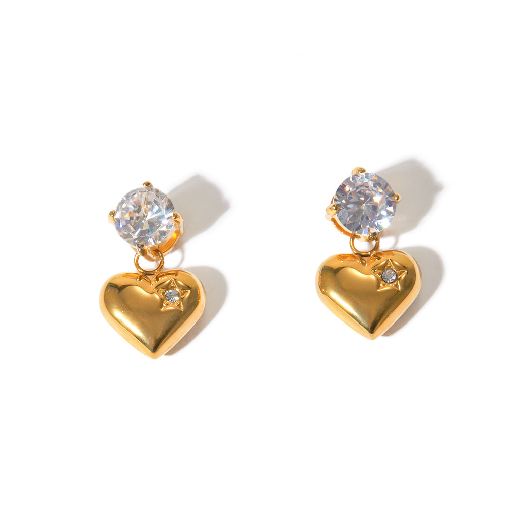 Minimalist Geometric Series 18K Gold Stainless Steel Smooth Zircon Heart Pendant Earrings Jewelry