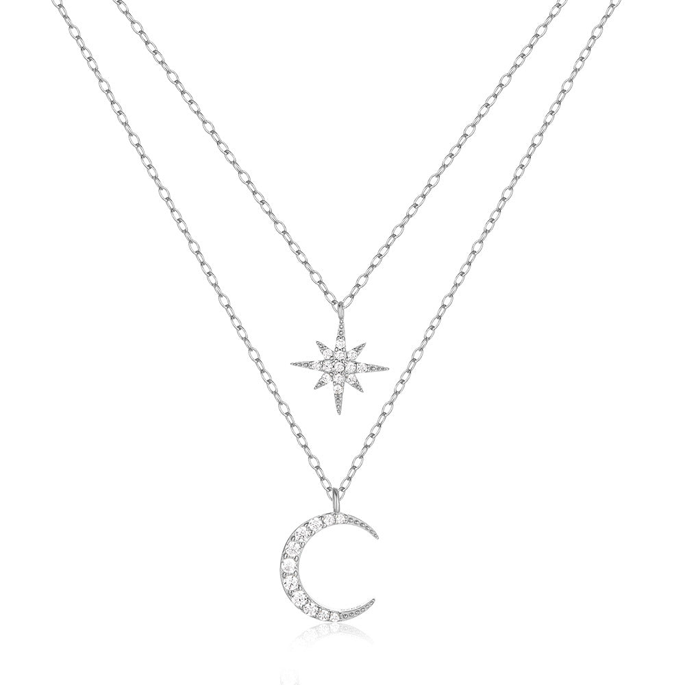 S925 Sterling Silver Diamond Star Moon Double Layer Necklace