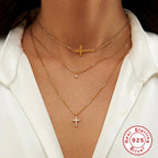 S925 Sterling Silver Dual Layer Cross Moon Necklace With Diamonds