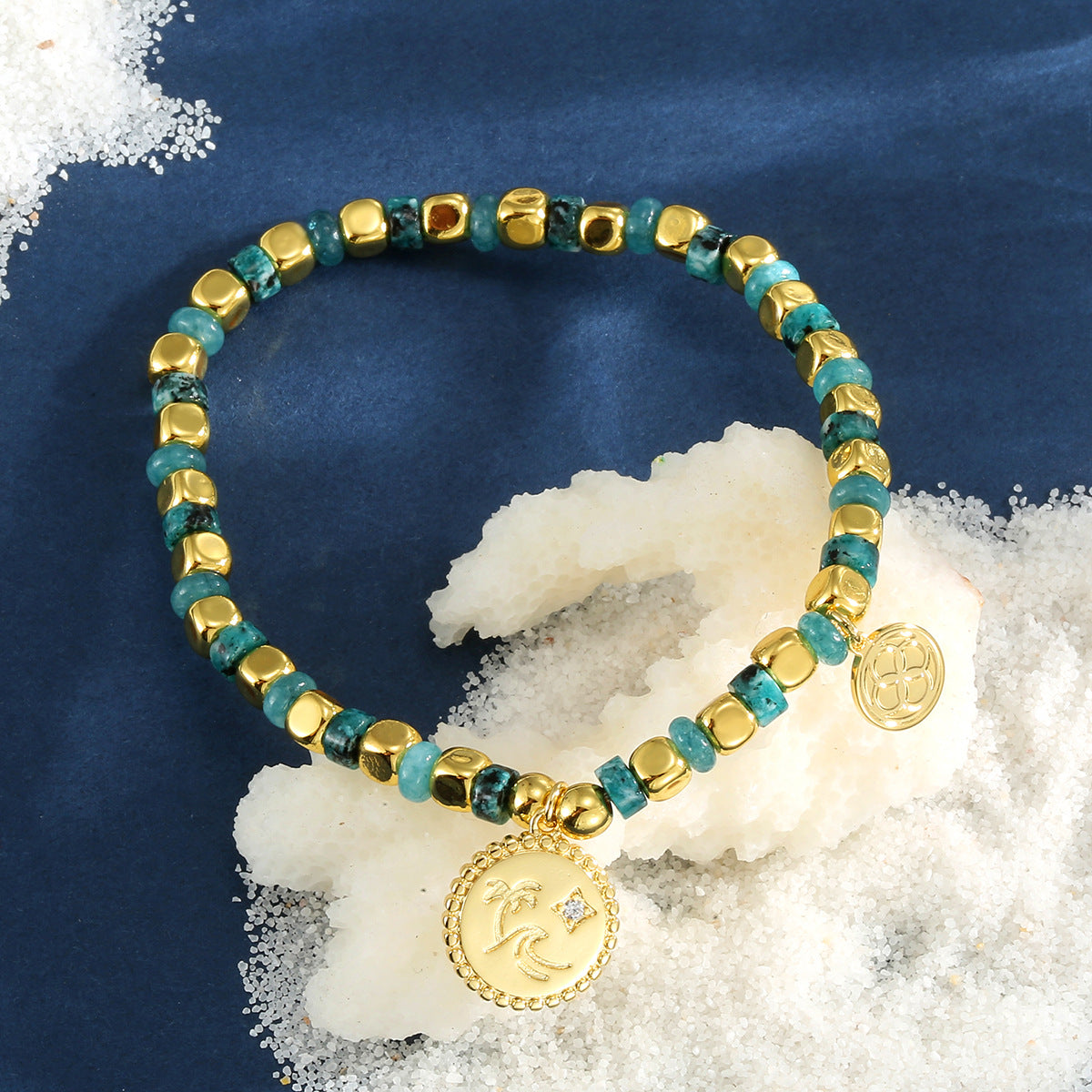 B0311 Casual Vacation Coconut Tree Round Zircon Bracelet Bohemian Trend Blue Turquoise Beaded