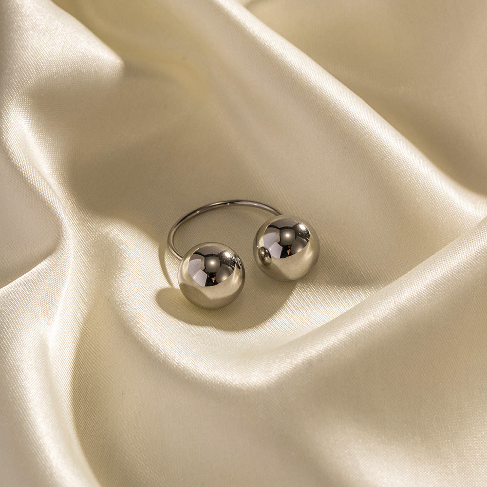 2H Non-Fading Steel Color Stainless Steel Double Large Ball Open Ring2025Fashionable and Unique Trendy Accessories