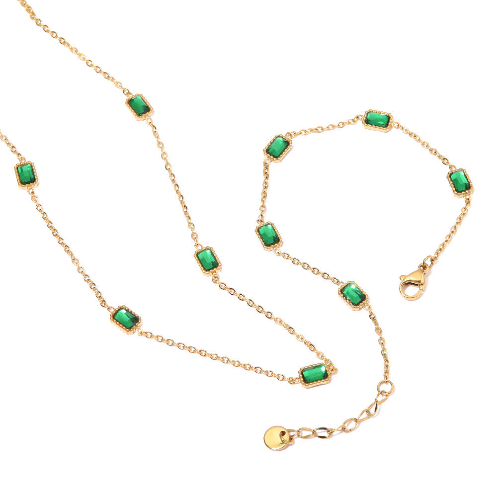 2H Square Shape Emerald Zircon Necklace Collarbone Chain Necklace Bracelet