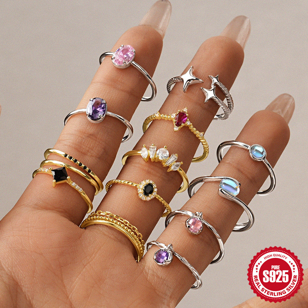 New Product S925Sterling Silver Ring Japanese and Korean Design Sense Geometric Zircon Ring Fashion Open Index Finger Ring