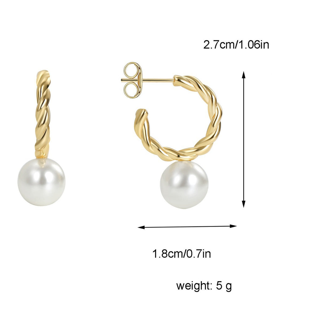 E0380 Real Gold Plated Unique Braided Design C Word Earrings Shell Pearl Stud Earrings for Women Sweet Ear Jewelry