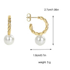 E0380 Real Gold Plated Unique Braided Design C Word Earrings Shell Pearl Stud Earrings for Women Sweet Ear Jewelry