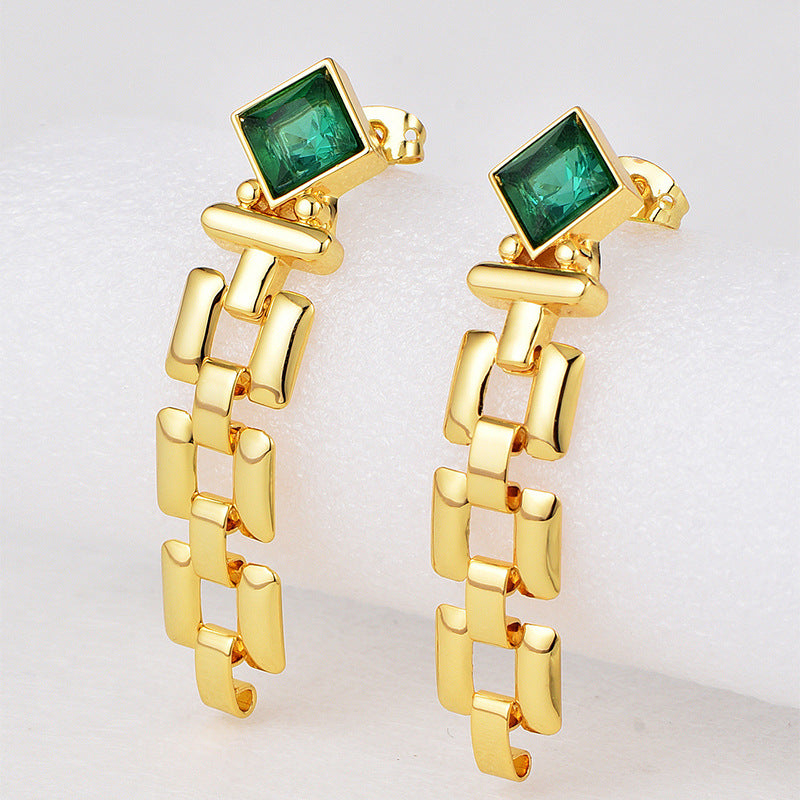 E0628 Fashion Elegant Design Square Emerald Zircon Stud Earrings for Women Copper Gold Plated Long Earrings