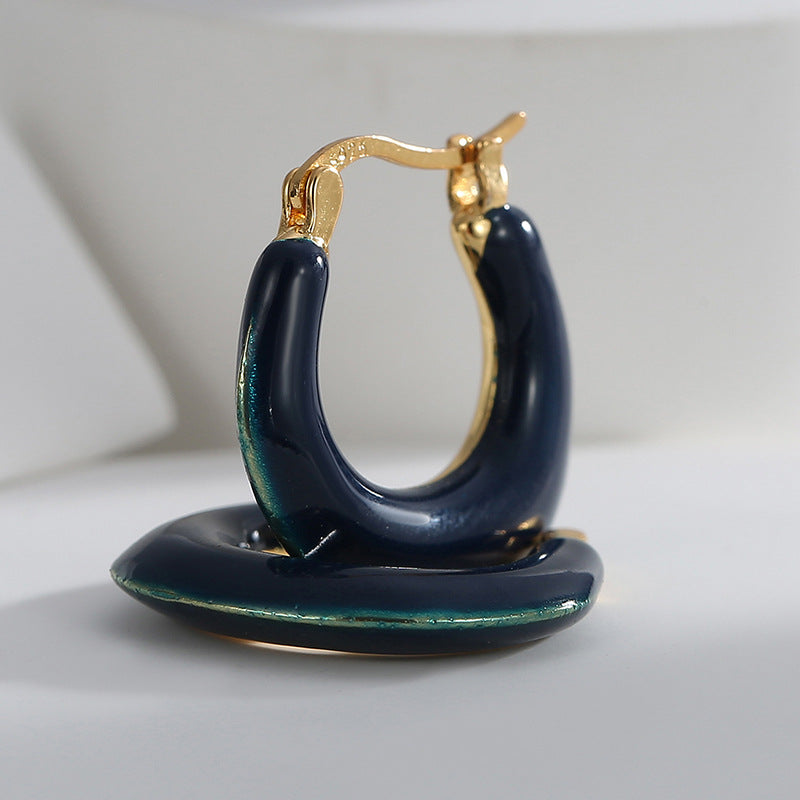 E0467 Klein Blue Epoxy Resin Irregular U Stylish Retro Design Hoop Earrings for Women