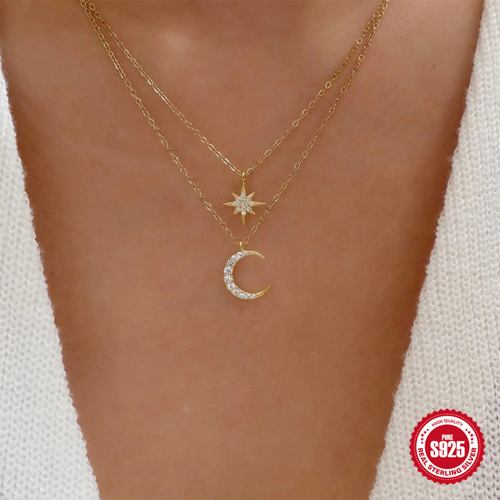 S925 Sterling Silver Diamond Star Moon Double Layer Necklace