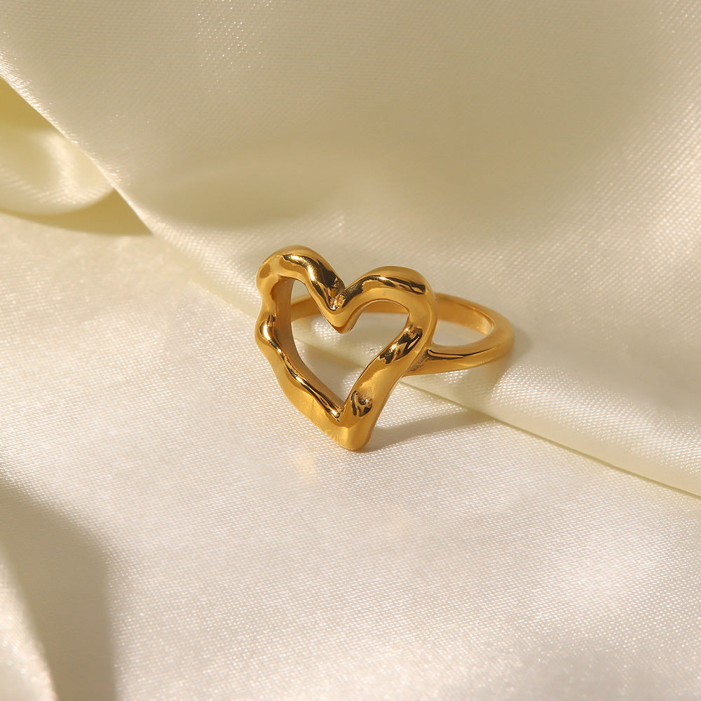 French Style Ring for Women, Designer Blogger's Same Style, Hammered Heart Gold-Plated Non-Fading Ring