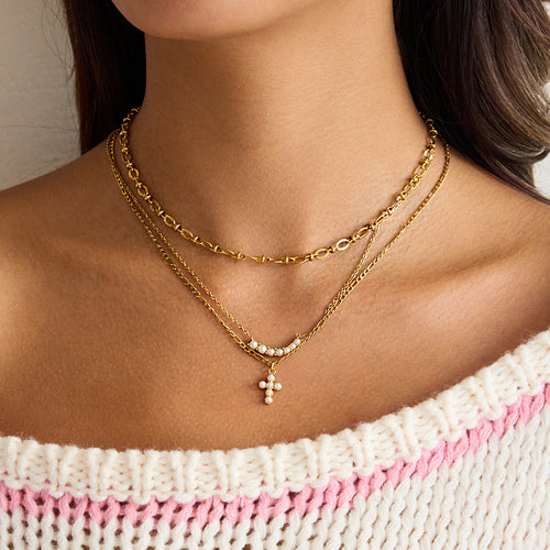 Cross Pearl Stainless Steel Gold-Plated Pendant Necklace — front view