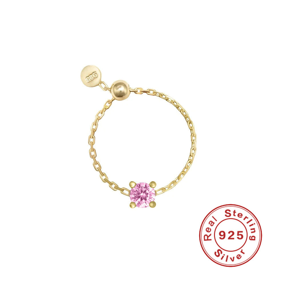 S925Sterling Silver Inlaid Simulated Diamond Zircon Open Ring Trendy Jewelry Adjustable Chain Ring