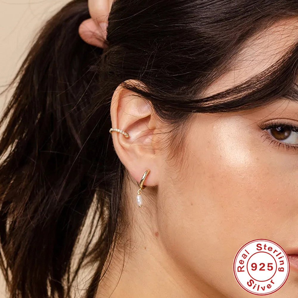 S925Sterling Silver Octagonal Star Geometric Inlaid Diamond Pearl Lock Pendant Earrings Hoop Earrings Ear Clips Trendy Ear Jewelry