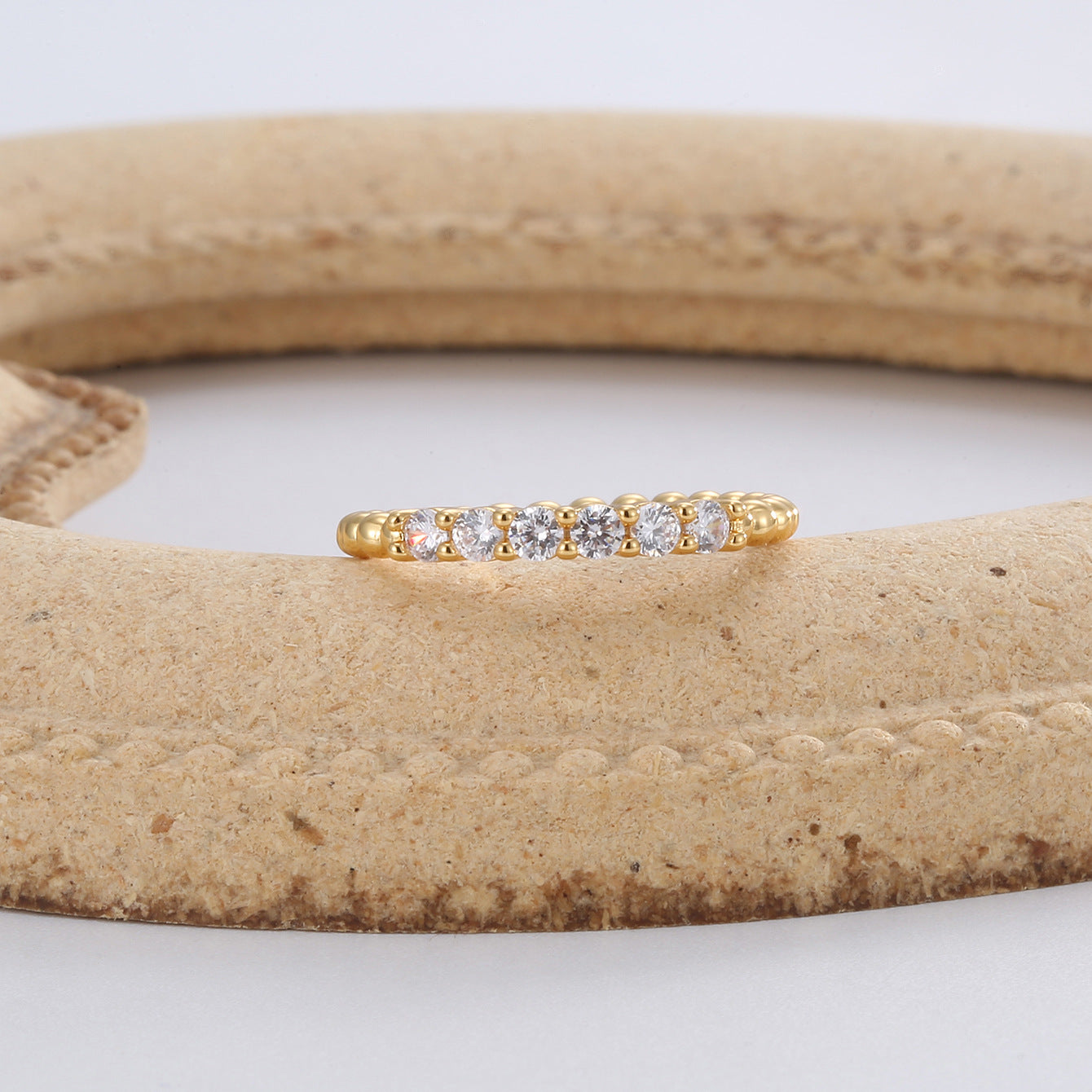 R0392 French-style Small Round Bead Design Gold-plated Ring for Women, Simple Micro-inlaid Zircon Ring