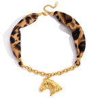 2H Leopard Print Silk Scarf Horse Necklace Pendant Accessories Female Clavicle Chain Stainless Steel Jewelry