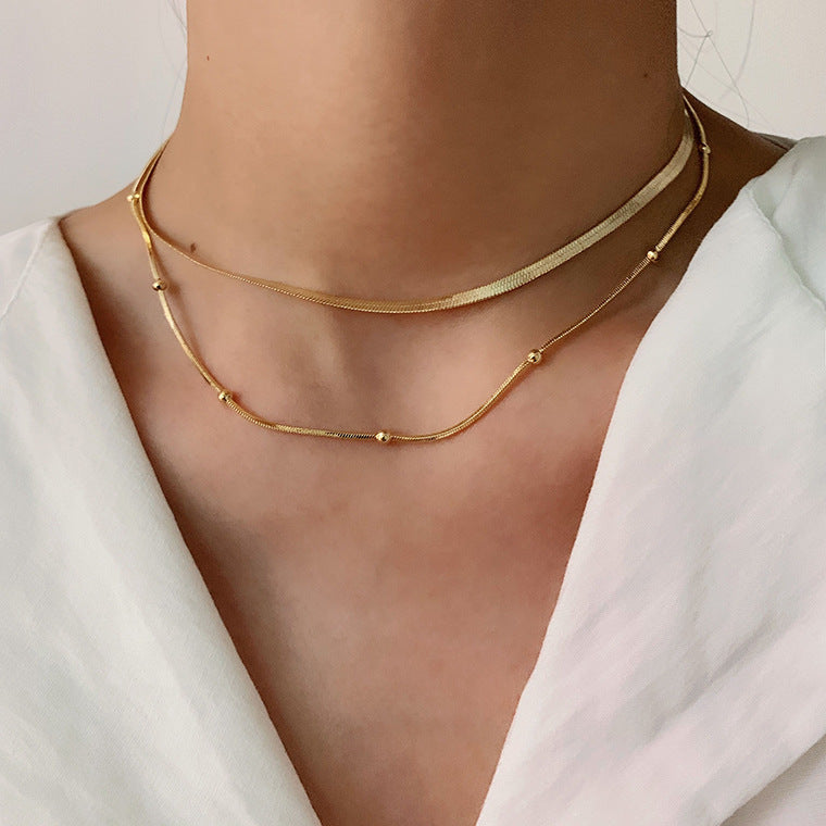 New Fashionable Layered Stainless Steel Choker Necklace 14K Gold Plated Round Bead Chain Jewelry Snake Chain Necklace for Women
