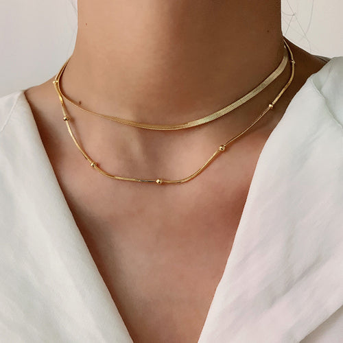 14K Gold-Tone Stainless Steel Choker Necklace with Sculptural Bead Snake Chain Detail for boutique wholesale jewelry
