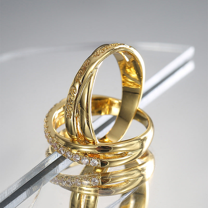 R0536 Fashion Creative Design Letter Print Zircon Ring for Women Brass Gold-Plated Simple Set Ring